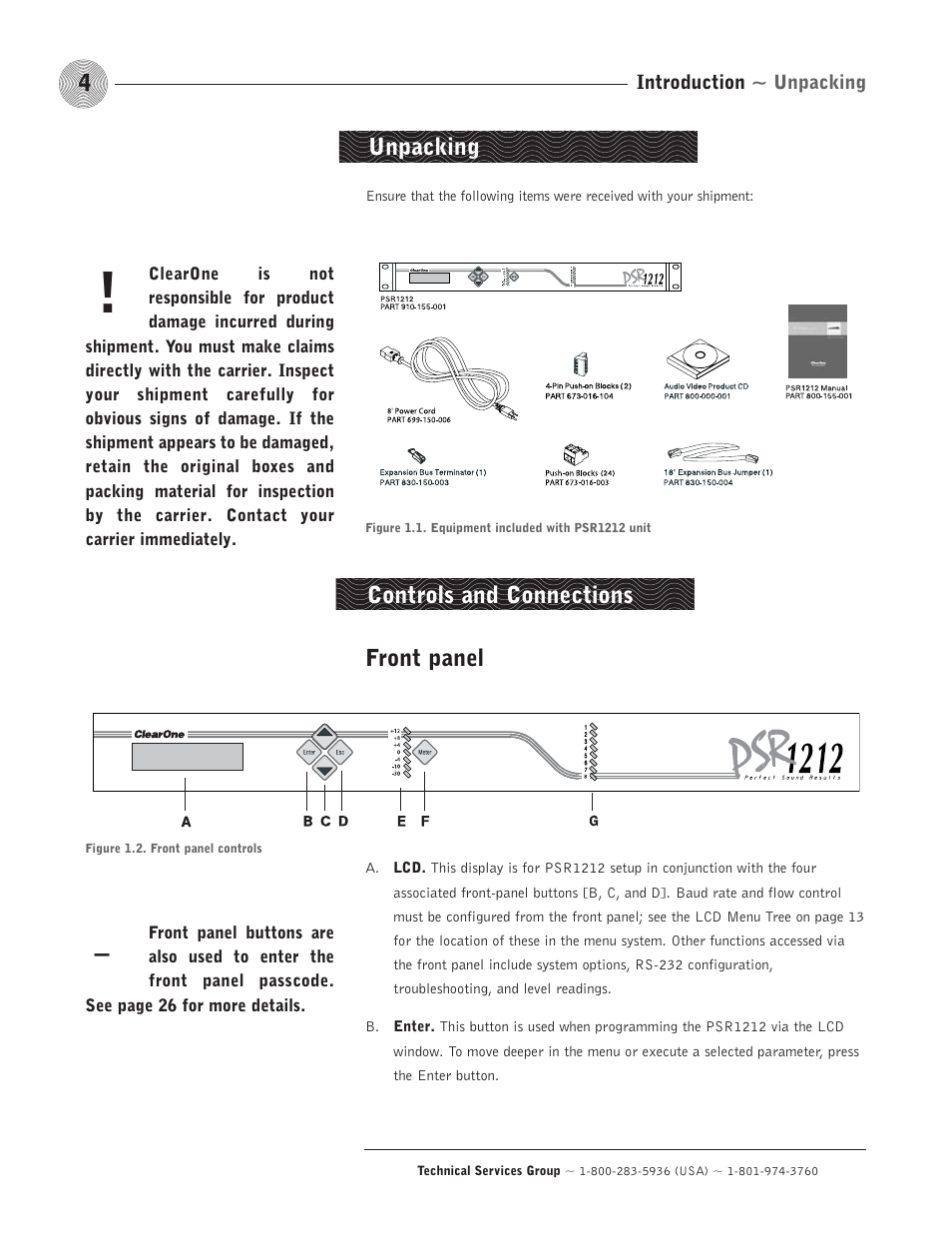 Unpacking, Front panel, Controls and connections | ClearOne comm PSR1212 User Manual | Page 10 / 145