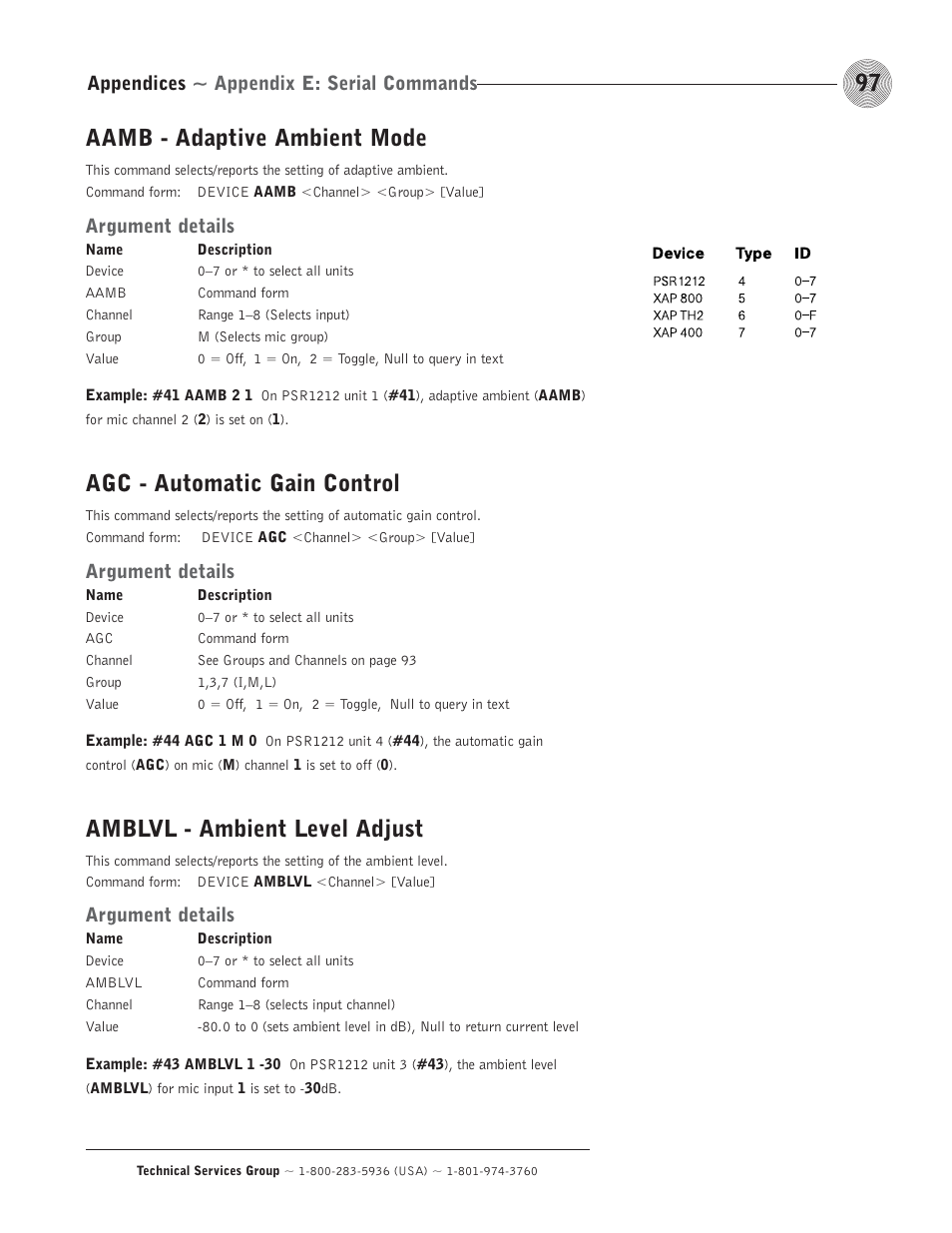 Aamb - adaptive ambient mode, Agc - automatic gain control, Amblvl - ambient level adjust | Appendices ~ appendix e: serial commands, Argument details | ClearOne comm PSR1212 User Manual | Page 103 / 145