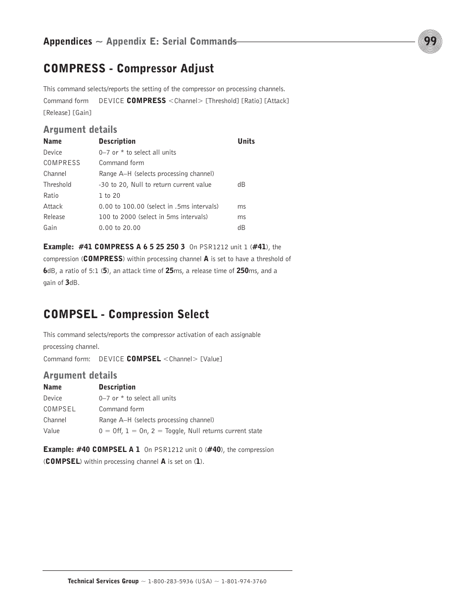 Compress - compressor adjust, Compsel - compression select, Argument details | Appendices ~ appendix e: serial commands | ClearOne comm PSR1212 User Manual | Page 105 / 145