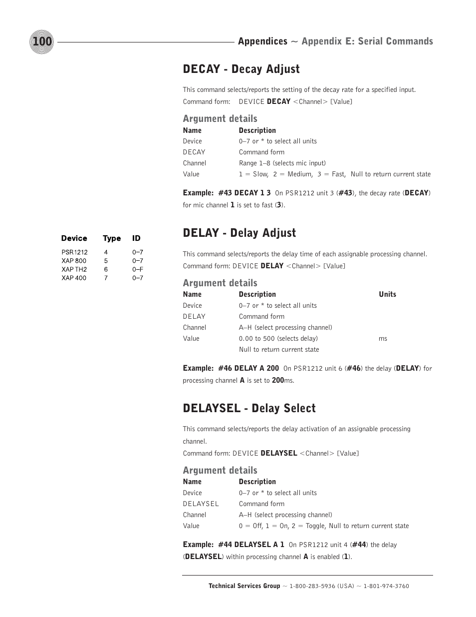 Decay - decay adjust, Delay - delay adjust, Delaysel - delay select | Appendices ~ appendix e: serial commands, Argument details | ClearOne comm PSR1212 User Manual | Page 106 / 145