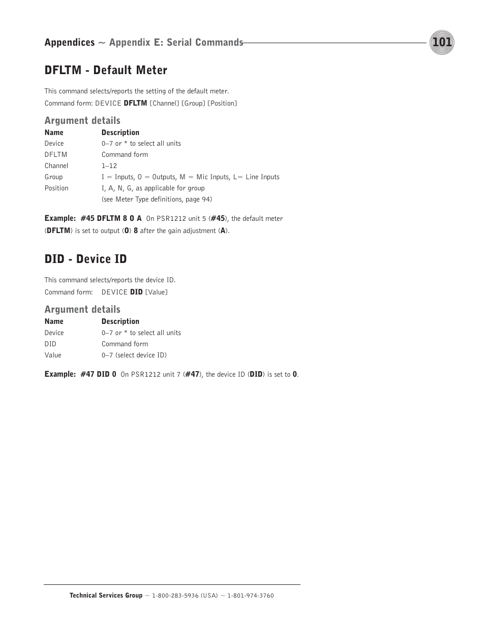 Dfltm - default meter, Did - device id, Argument details | Appendices ~ appendix e: serial commands | ClearOne comm PSR1212 User Manual | Page 107 / 145