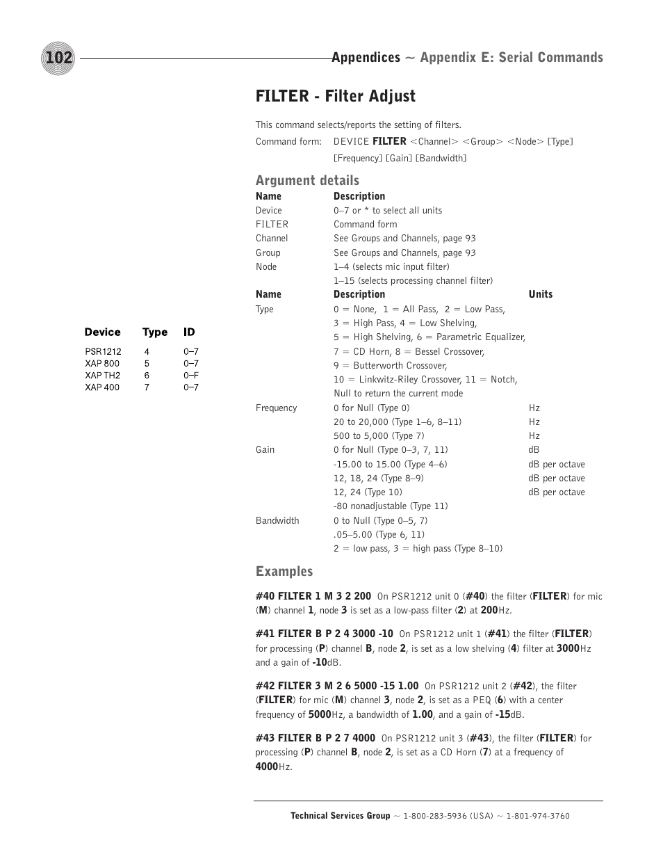 Filter - filter adjust, Appendices ~ appendix e: serial commands, Argument details | Examples | ClearOne comm PSR1212 User Manual | Page 108 / 145