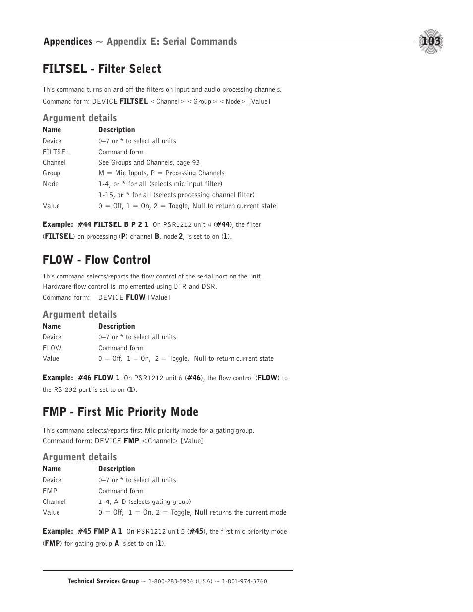 Filtsel - filter select, Flow - flow control, Fmp - first mic priority mode | Appendices ~ appendix e: serial commands, Argument details | ClearOne comm PSR1212 User Manual | Page 109 / 145