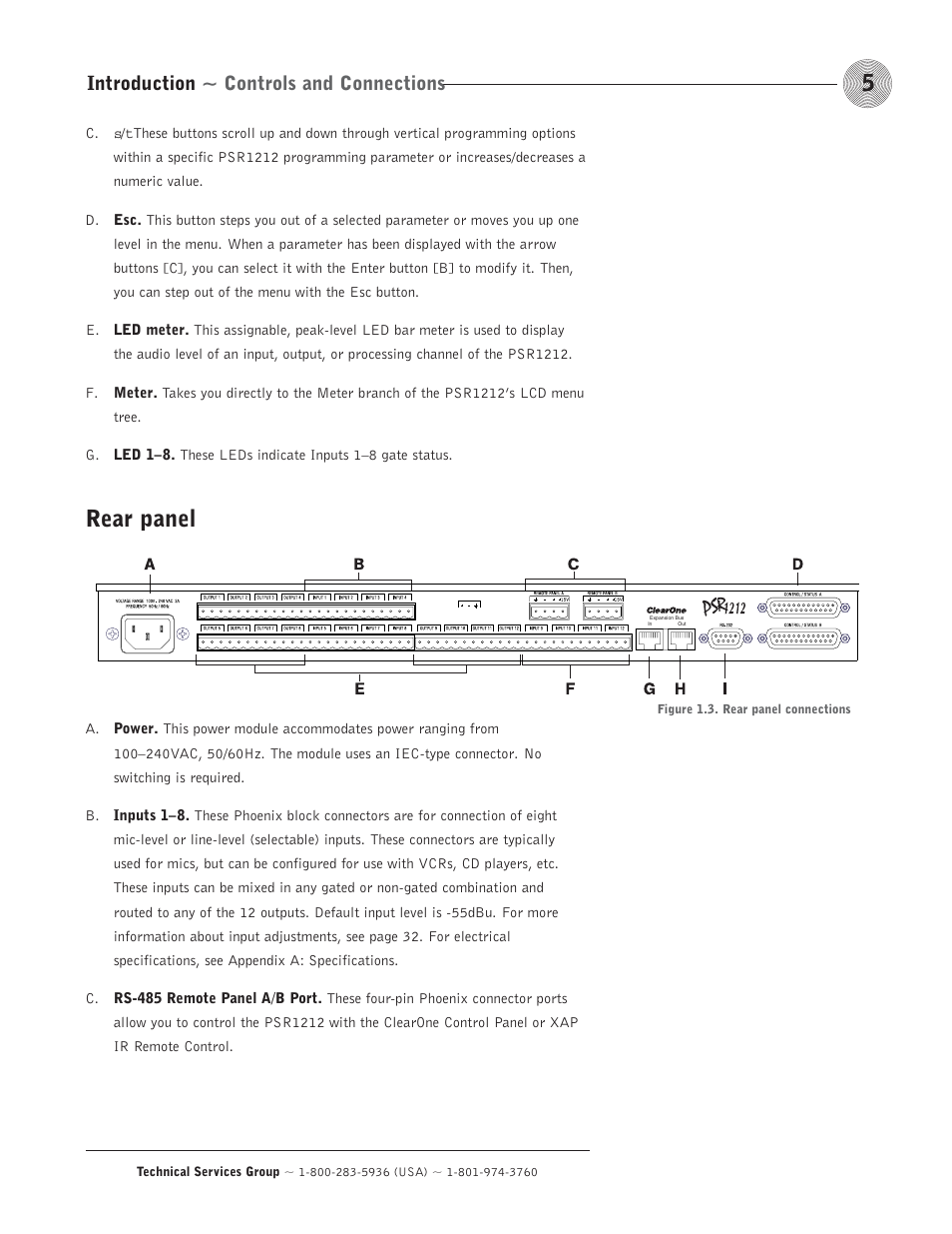 Rear panel, Introduction ~ controls and connections | ClearOne comm PSR1212 User Manual | Page 11 / 145