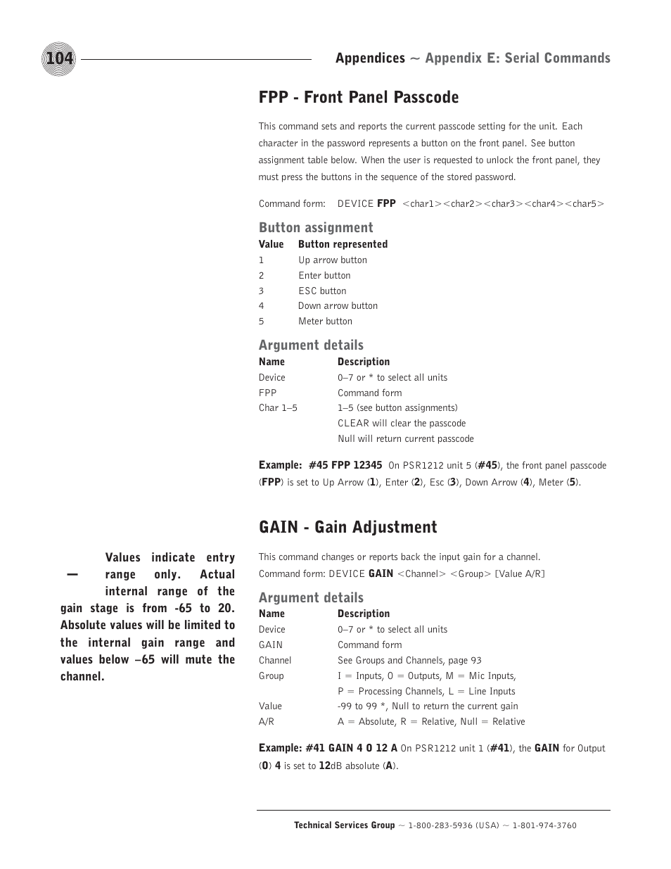 Fpp - front panel passcode, Gain - gain adjustment, Appendices ~ appendix e: serial commands | Button assignment, Argument details | ClearOne comm PSR1212 User Manual | Page 110 / 145