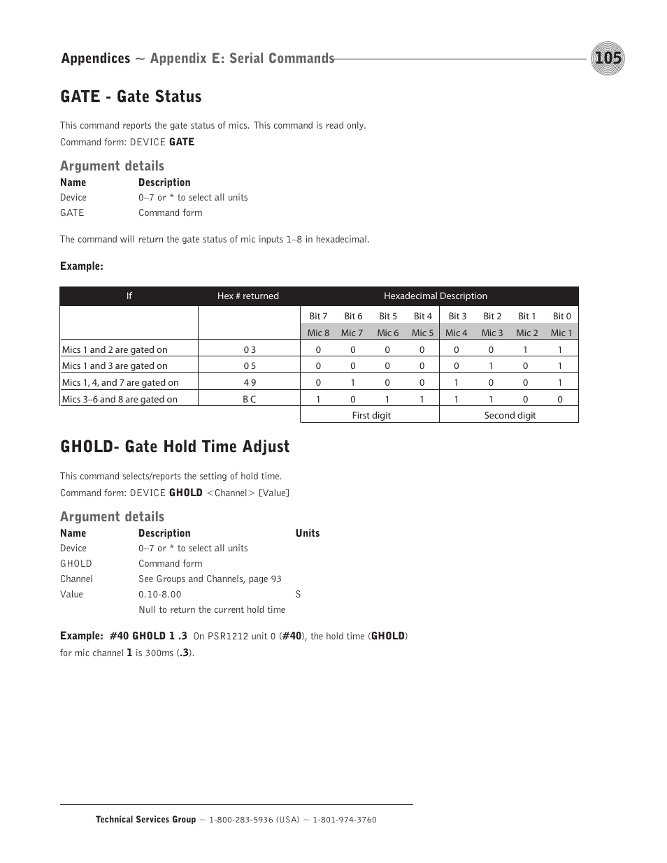 Gate - gate status, Ghold- gate hold time adjust, Appendices ~ appendix e: serial commands | Argument details | ClearOne comm PSR1212 User Manual | Page 111 / 145