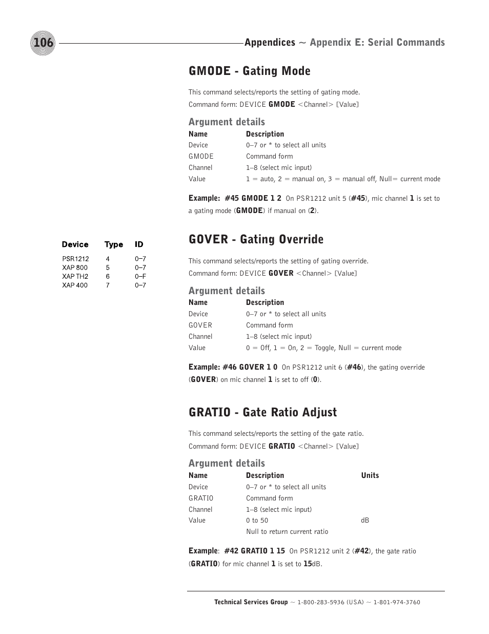 Gmode - gating mode, Gover - gating override, Gratio - gate ratio adjust | Appendices ~ appendix e: serial commands, Argument details | ClearOne comm PSR1212 User Manual | Page 112 / 145