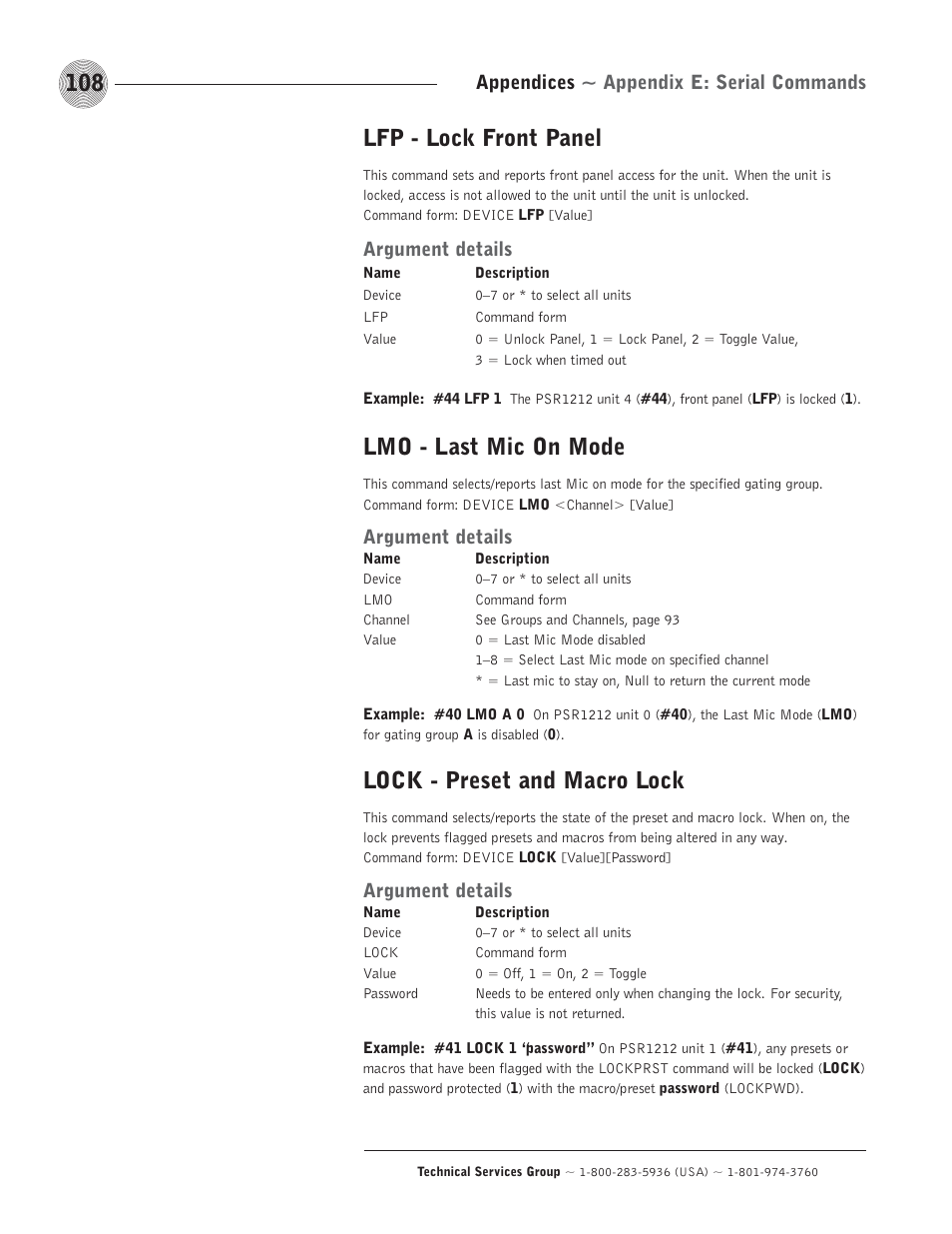 Lfp - lock front panel, Lmo - last mic on mode, Lock - preset and macro lock | Argument details, Appendices ~ appendix e: serial commands | ClearOne comm PSR1212 User Manual | Page 114 / 145