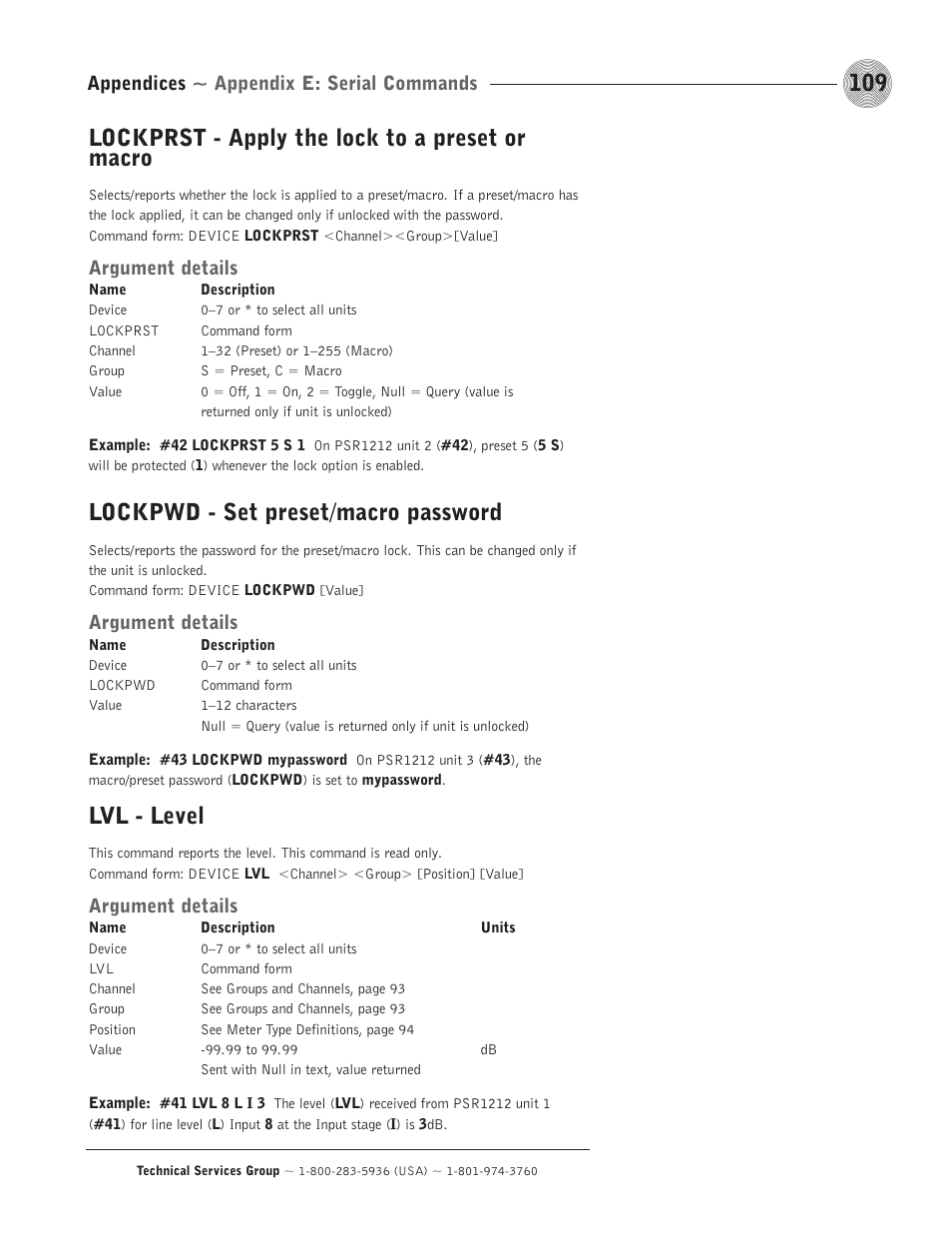 Lockprst - apply the lock to a preset or macro, Lockpwd - set preset/macro password, Lvl - level | Appendices ~ appendix e: serial commands, Argument details | ClearOne comm PSR1212 User Manual | Page 115 / 145