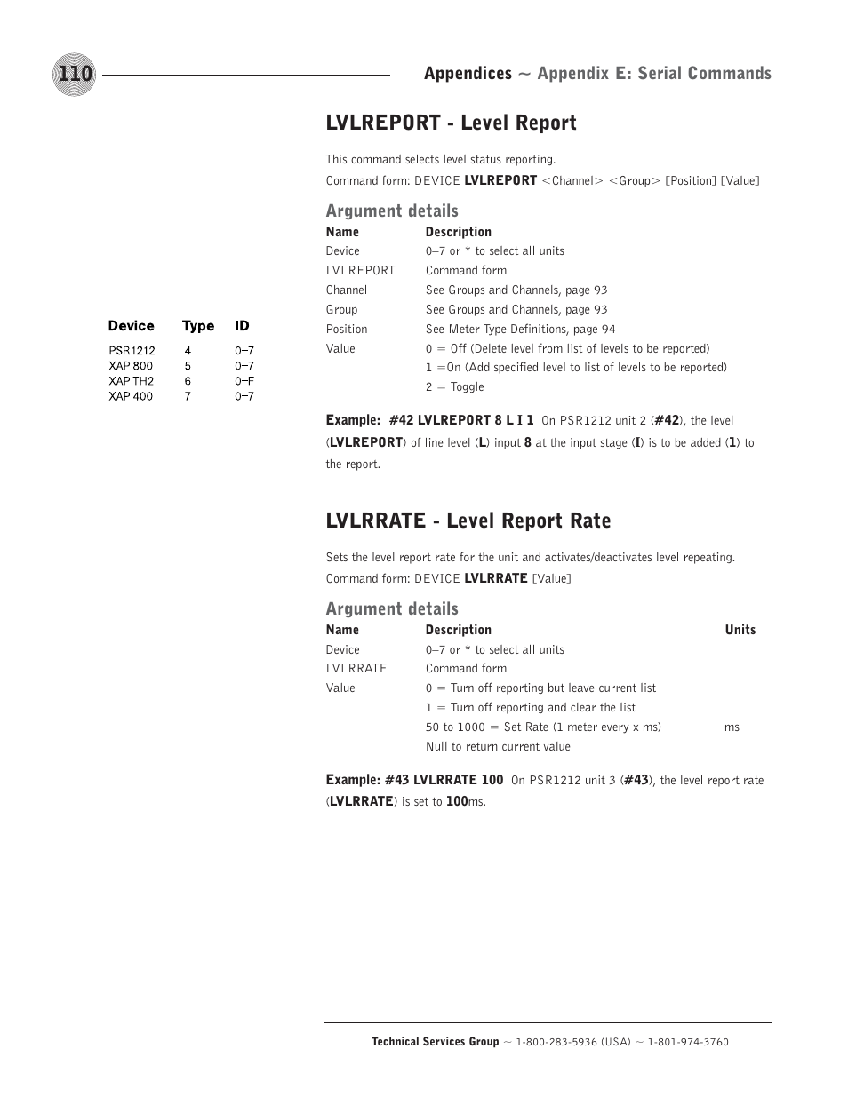 Lvlreport - level report, Lvlrrate - level report rate, Argument details | Appendices ~ appendix e: serial commands | ClearOne comm PSR1212 User Manual | Page 116 / 145