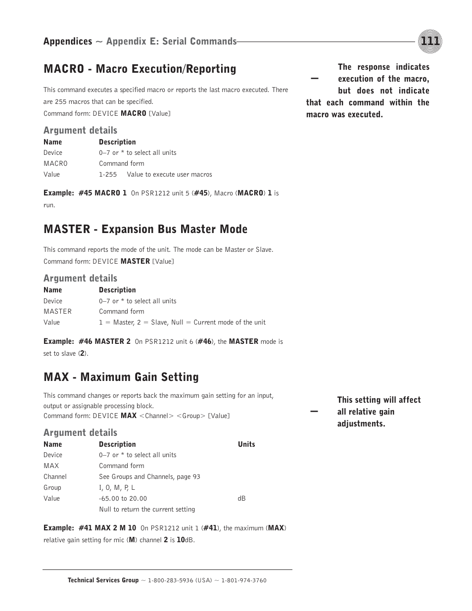 Macro - macro execution/reporting, Master - expansion bus master mode, Max - maximum gain setting | ClearOne comm PSR1212 User Manual | Page 117 / 145