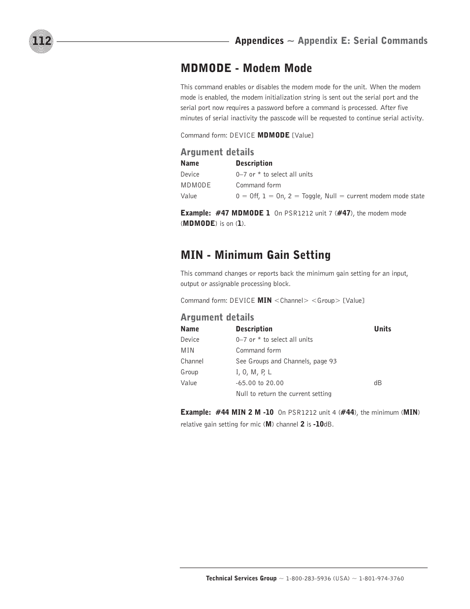 Mdmode - modem mode, Min - minimum gain setting, Argument details | Appendices ~ appendix e: serial commands | ClearOne comm PSR1212 User Manual | Page 118 / 145