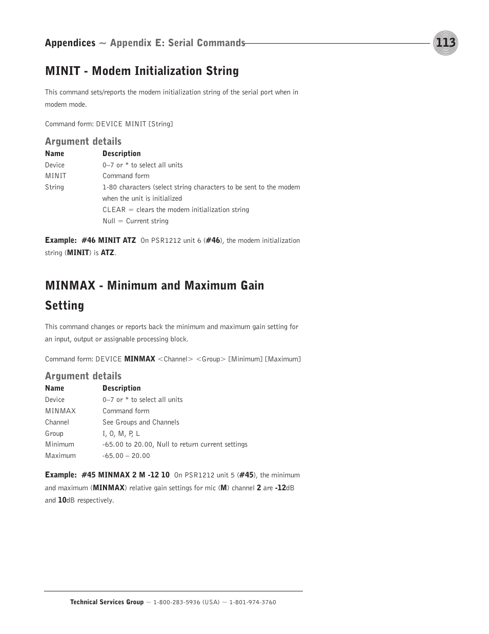 Minit - modem initialization string, Minmax - minimum and maximum gain setting, Appendices ~ appendix e: serial commands | Argument details | ClearOne comm PSR1212 User Manual | Page 119 / 145