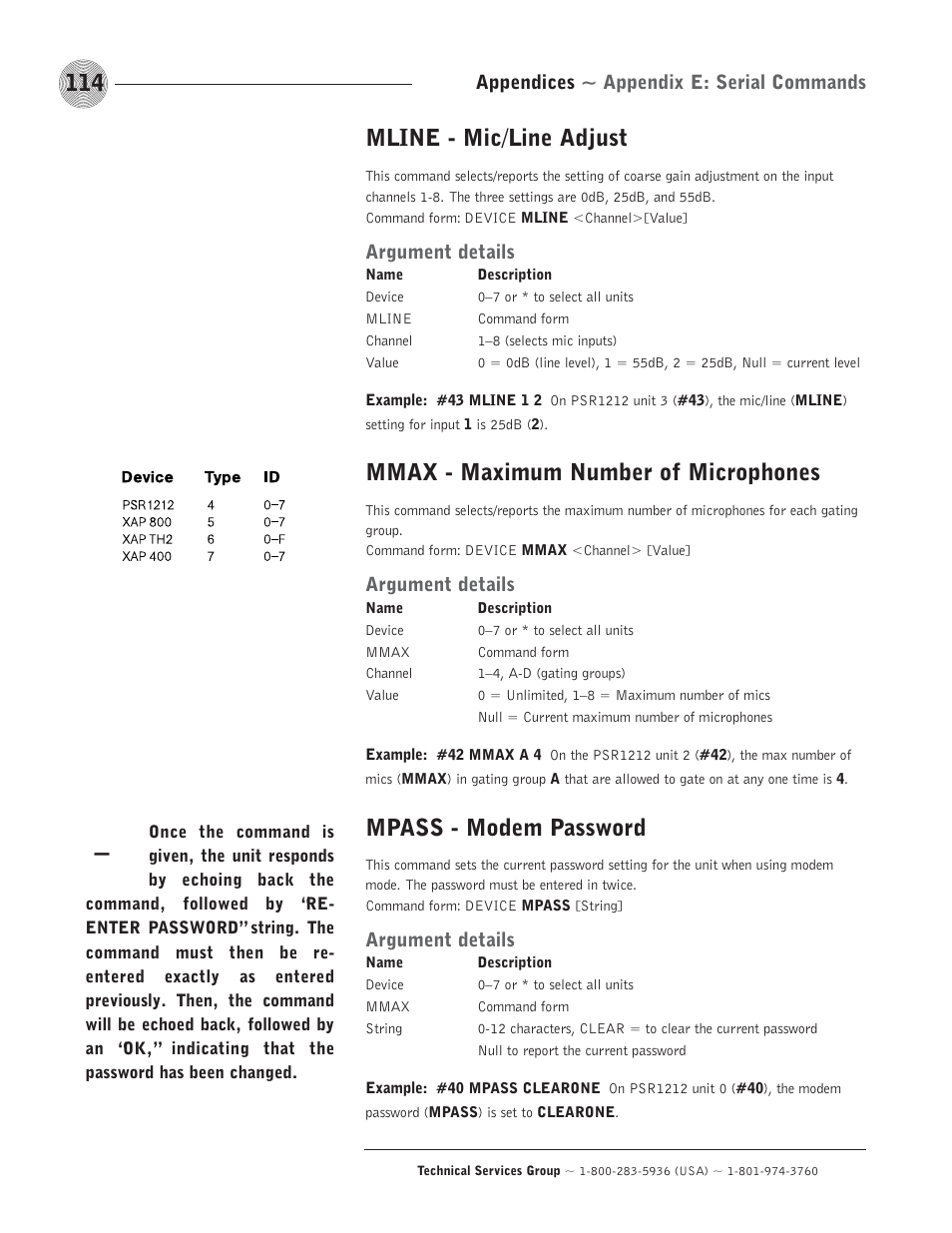 Mline - mic/line adjust, Mmax - maximum number of microphones, Mpass - modem password | ClearOne comm PSR1212 User Manual | Page 120 / 145