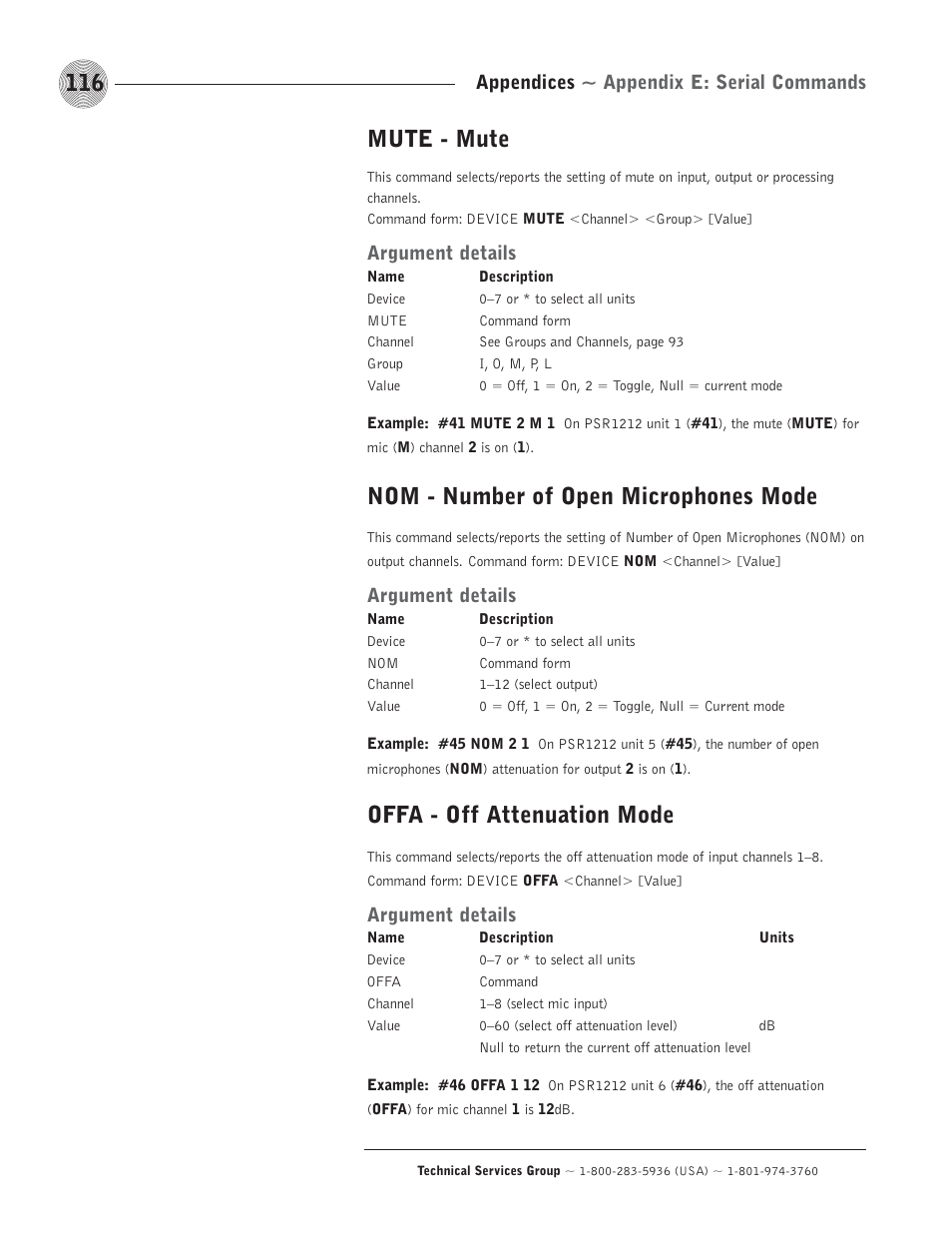Mute - mute, Nom - number of open microphones mode, Offa - off attenuation mode | Argument details, Appendices ~ appendix e: serial commands | ClearOne comm PSR1212 User Manual | Page 122 / 145