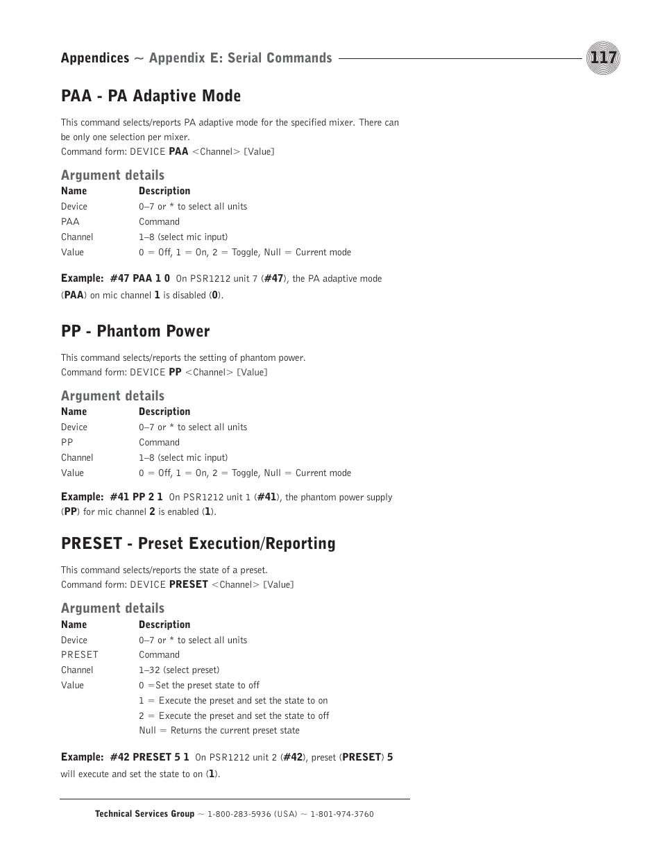 Paa - pa adaptive mode, Pp - phantom power, Preset - preset execution/reporting | Appendices ~ appendix e: serial commands, Argument details | ClearOne comm PSR1212 User Manual | Page 123 / 145