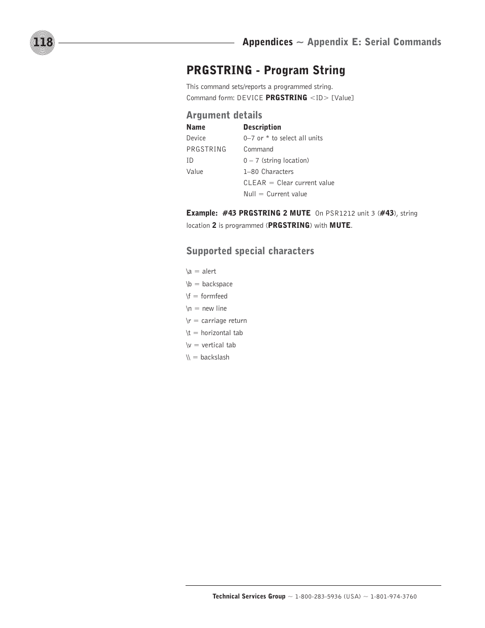 Prgstring - program string, Appendices ~ appendix e: serial commands, Argument details | Supported special characters | ClearOne comm PSR1212 User Manual | Page 124 / 145