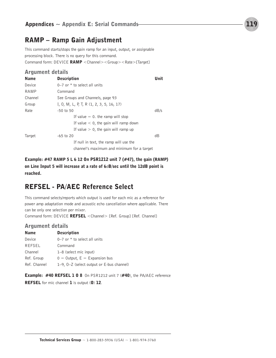 Ramp – ramp gain adjustment, Refsel - pa/aec reference select, Appendices ~ appendix e: serial commands | Argument details | ClearOne comm PSR1212 User Manual | Page 125 / 145