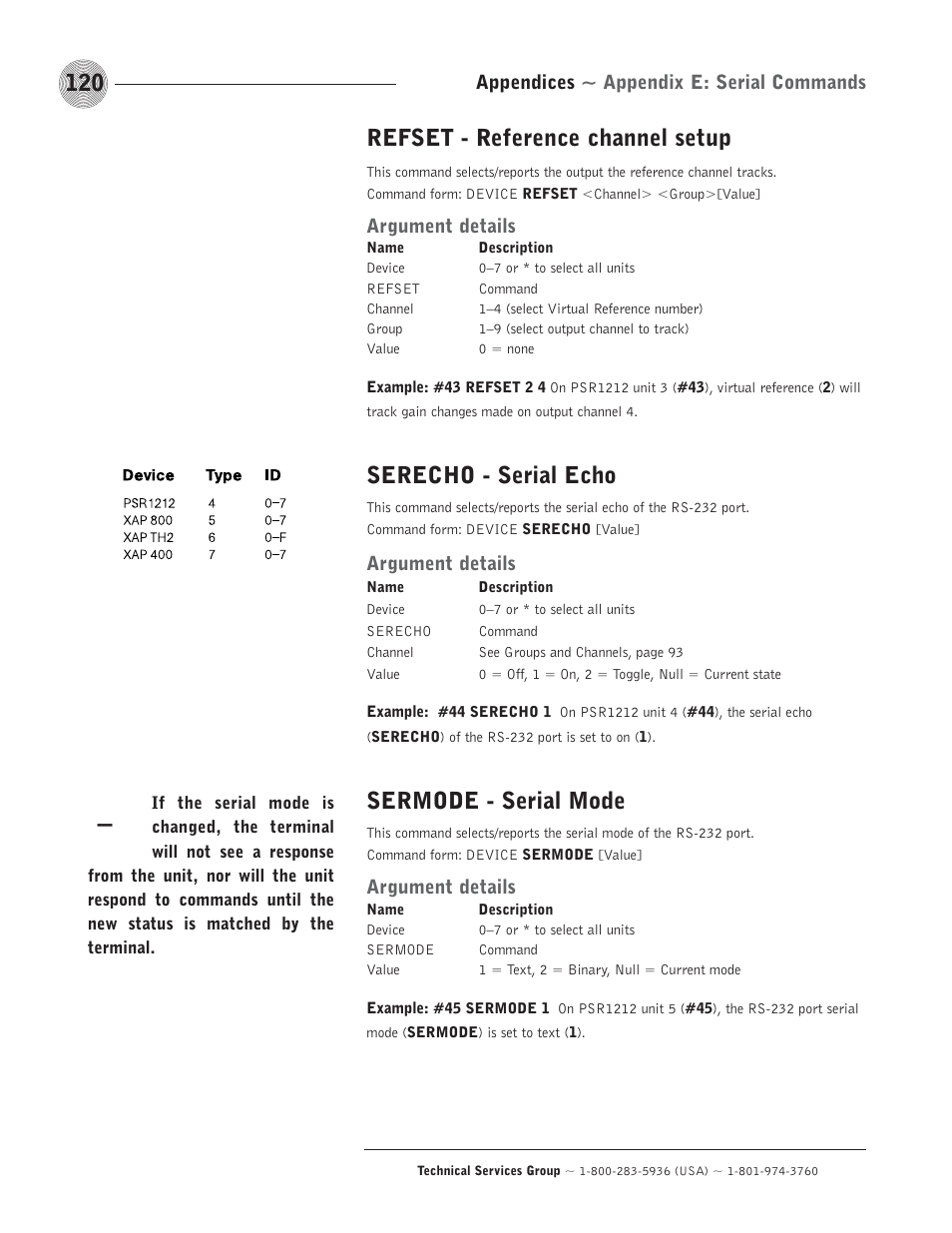 Refset - reference channel setup, Serecho - serial echo, Sermode - serial mode | ClearOne comm PSR1212 User Manual | Page 126 / 145