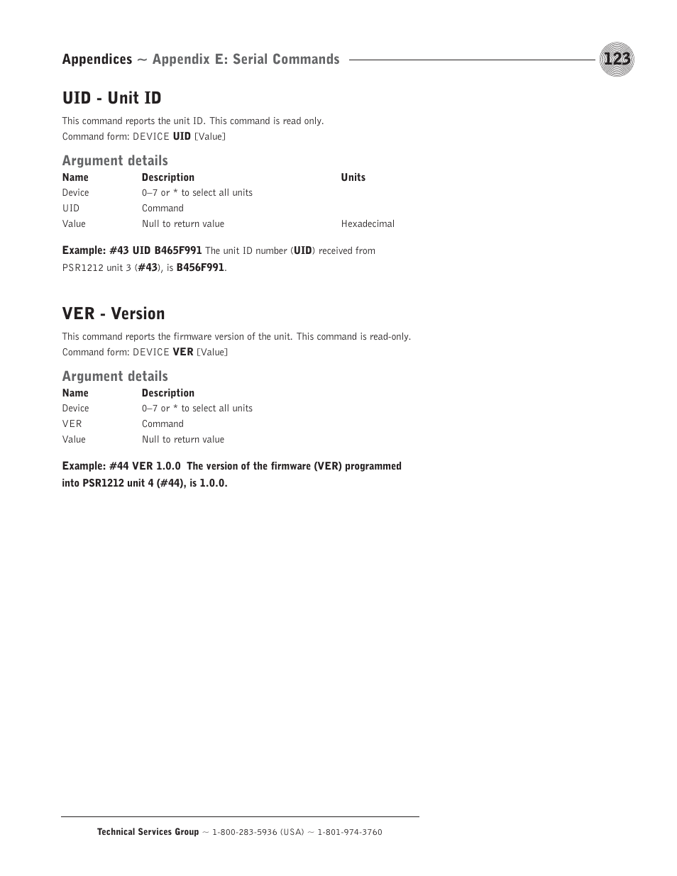 Uid - unit id, Ver - version, Argument details | Appendices ~ appendix e: serial commands | ClearOne comm PSR1212 User Manual | Page 129 / 145