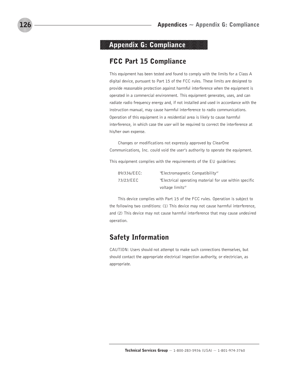 Fcc part 15 compliance, Safety information, Appendix g: compliance | Appendices ~ appendix g: compliance | ClearOne comm PSR1212 User Manual | Page 132 / 145