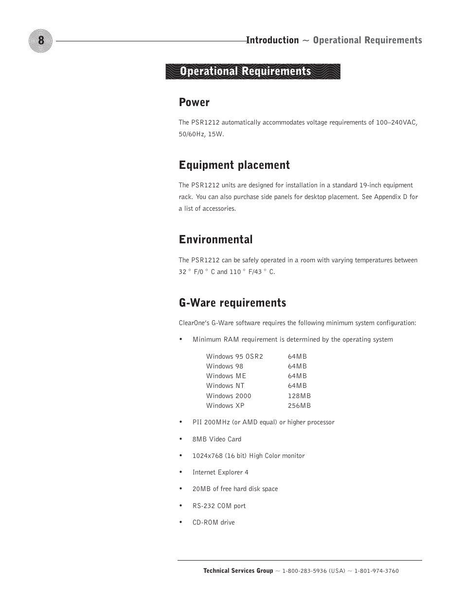 Power, Equipment placement, Environmental | G-ware requirements, Operational requirements, Introduction ~ operational requirements | ClearOne comm PSR1212 User Manual | Page 14 / 145