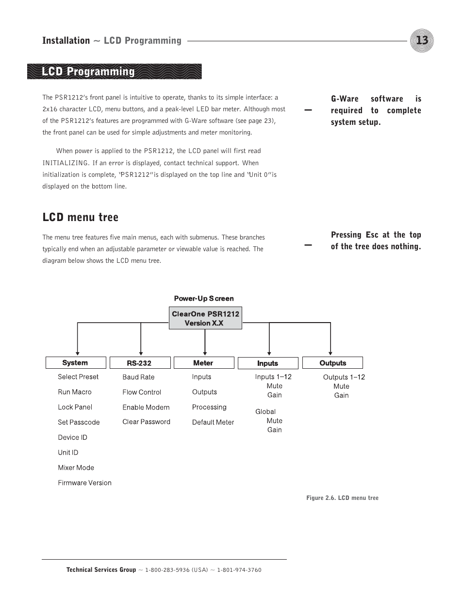 Lcd menu tree, Lcd programming | ClearOne comm PSR1212 User Manual | Page 19 / 145