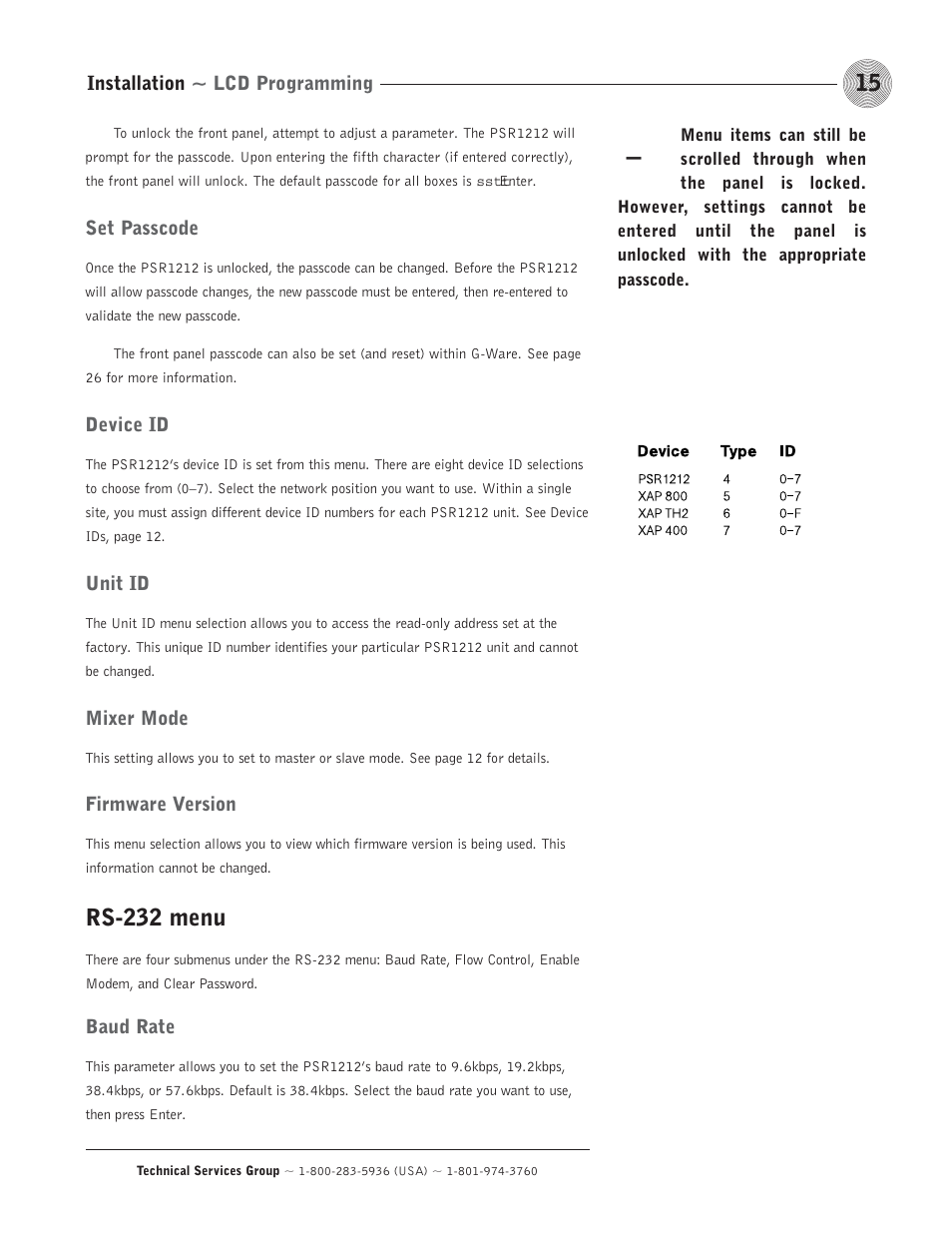 Rs-232 menu | ClearOne comm PSR1212 User Manual | Page 21 / 145