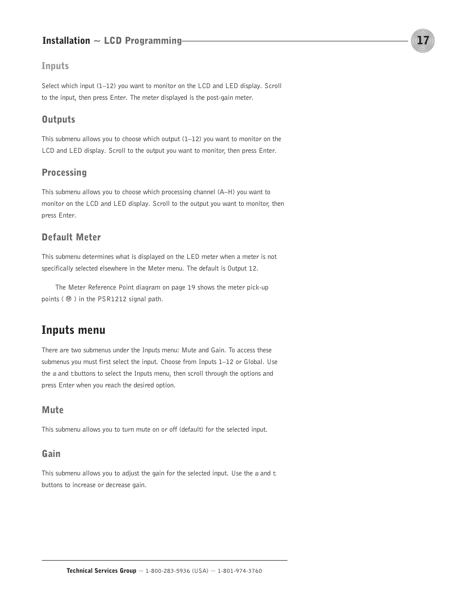 Inputs menu | ClearOne comm PSR1212 User Manual | Page 23 / 145