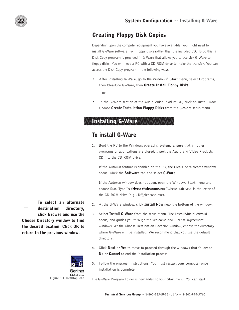 Creating floppy disk copies, Installing g-ware, System configuration ~ installing g-ware | ClearOne comm PSR1212 User Manual | Page 28 / 145