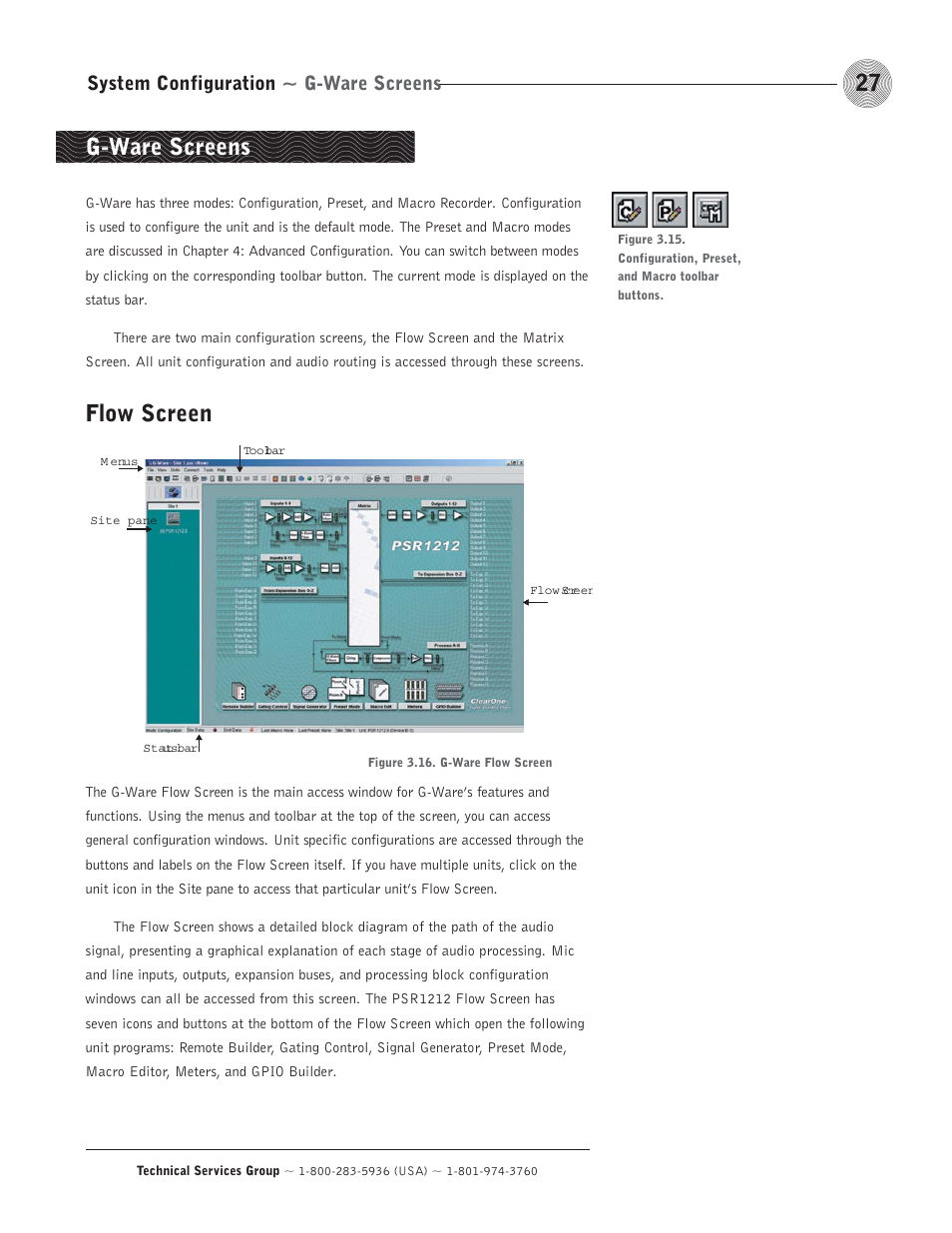 Flow screen, G-ware screens, System configuration ~ g-ware screens | ClearOne comm PSR1212 User Manual | Page 33 / 145