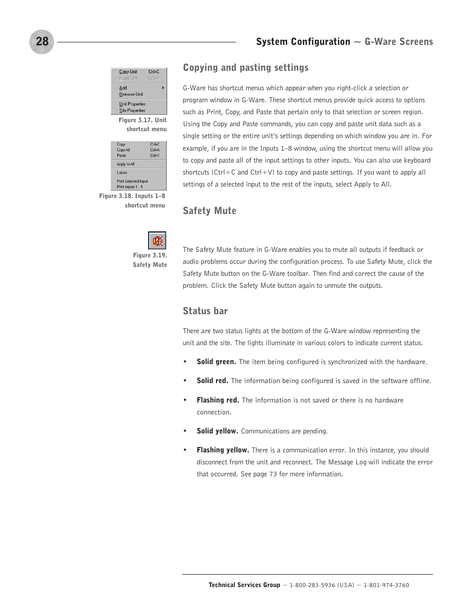 System configuration ~ g-ware screens, Copying and pasting settings, Safety mute | Status bar | ClearOne comm PSR1212 User Manual | Page 34 / 145