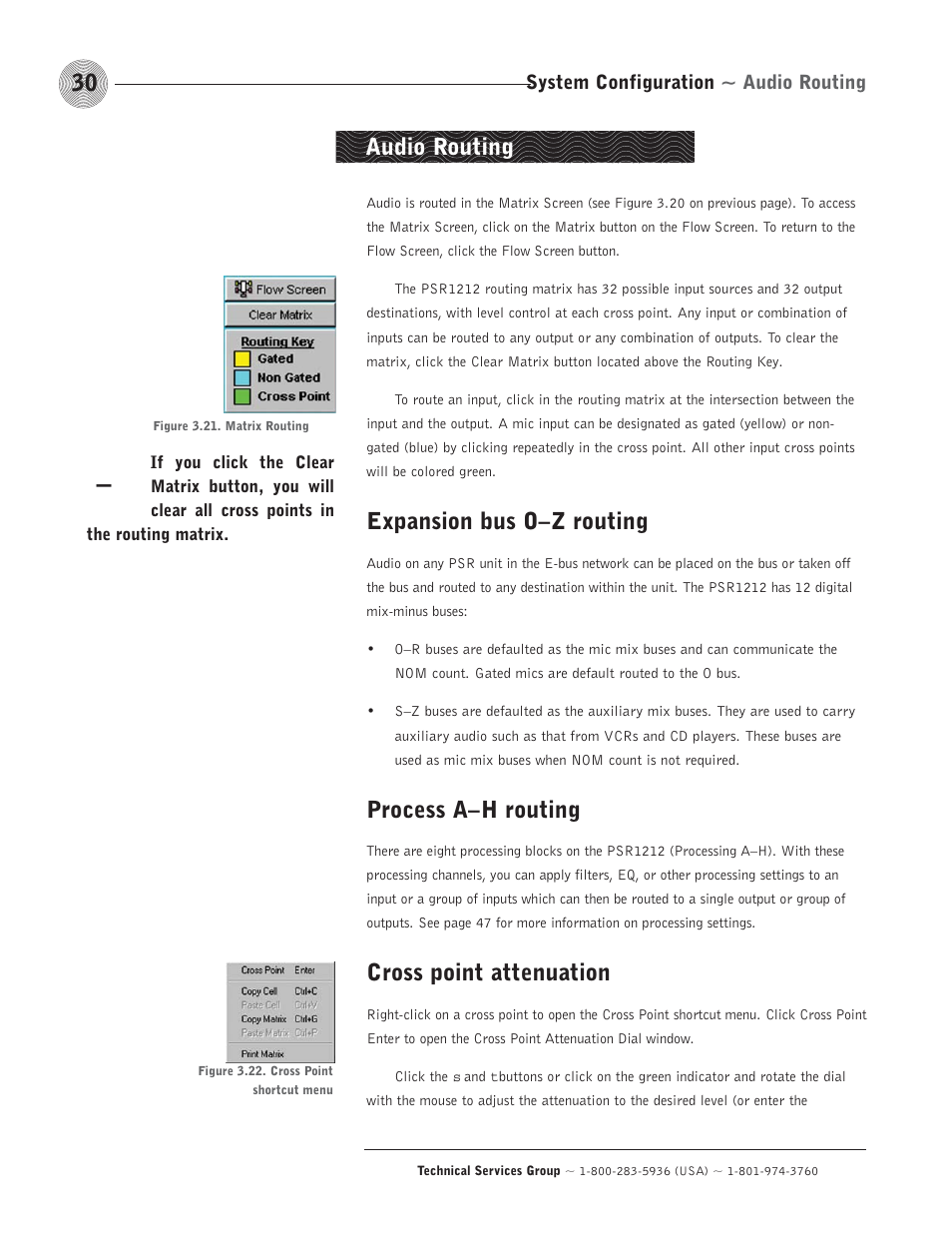 Expansion bus o–z routing, Process a–h routing, Cross point attenuation | Audio routing | ClearOne comm PSR1212 User Manual | Page 36 / 145