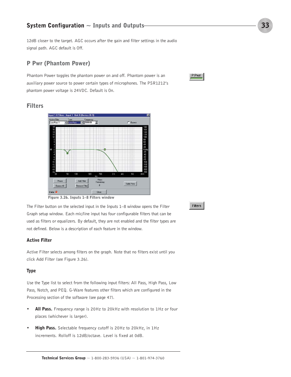 System configuration ~ inputs and outputs, P pwr (phantom power), Filters | ClearOne comm PSR1212 User Manual | Page 39 / 145