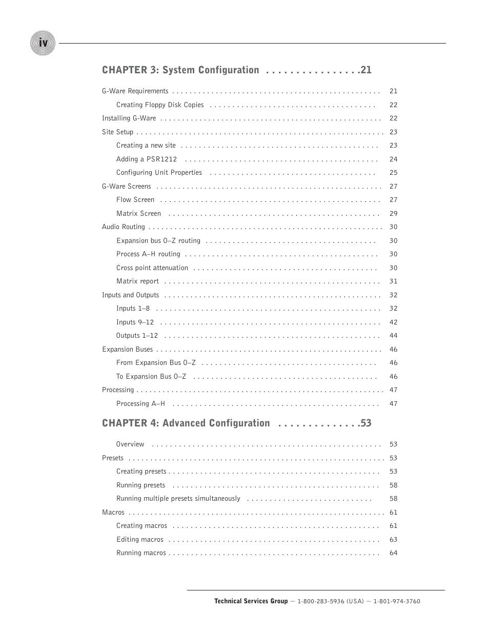 Chapter 3: system configuration, Chapter 4: advanced configuration | ClearOne comm PSR1212 User Manual | Page 4 / 145