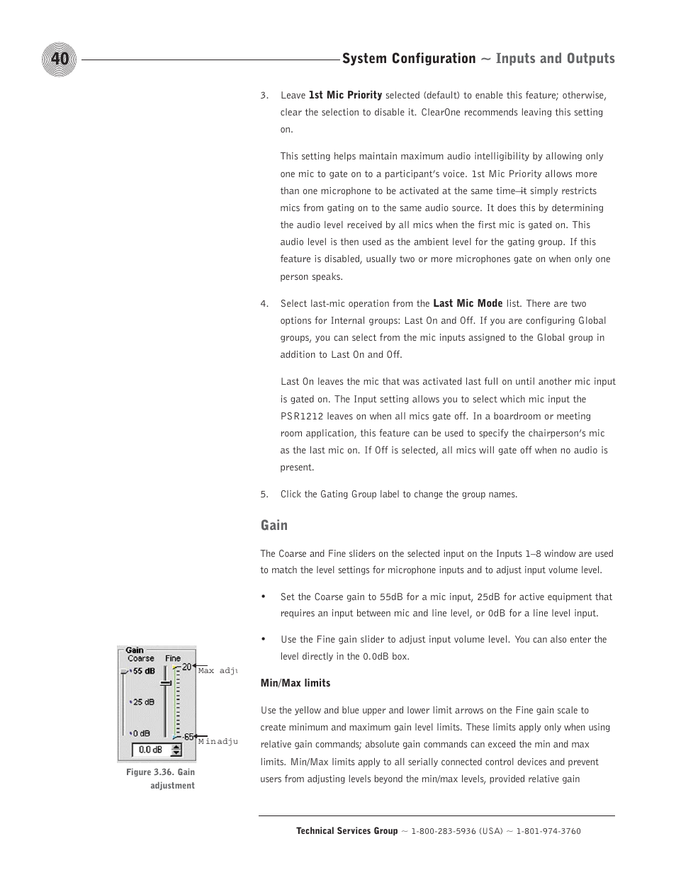 System configuration ~ inputs and outputs, Gain | ClearOne comm PSR1212 User Manual | Page 46 / 145