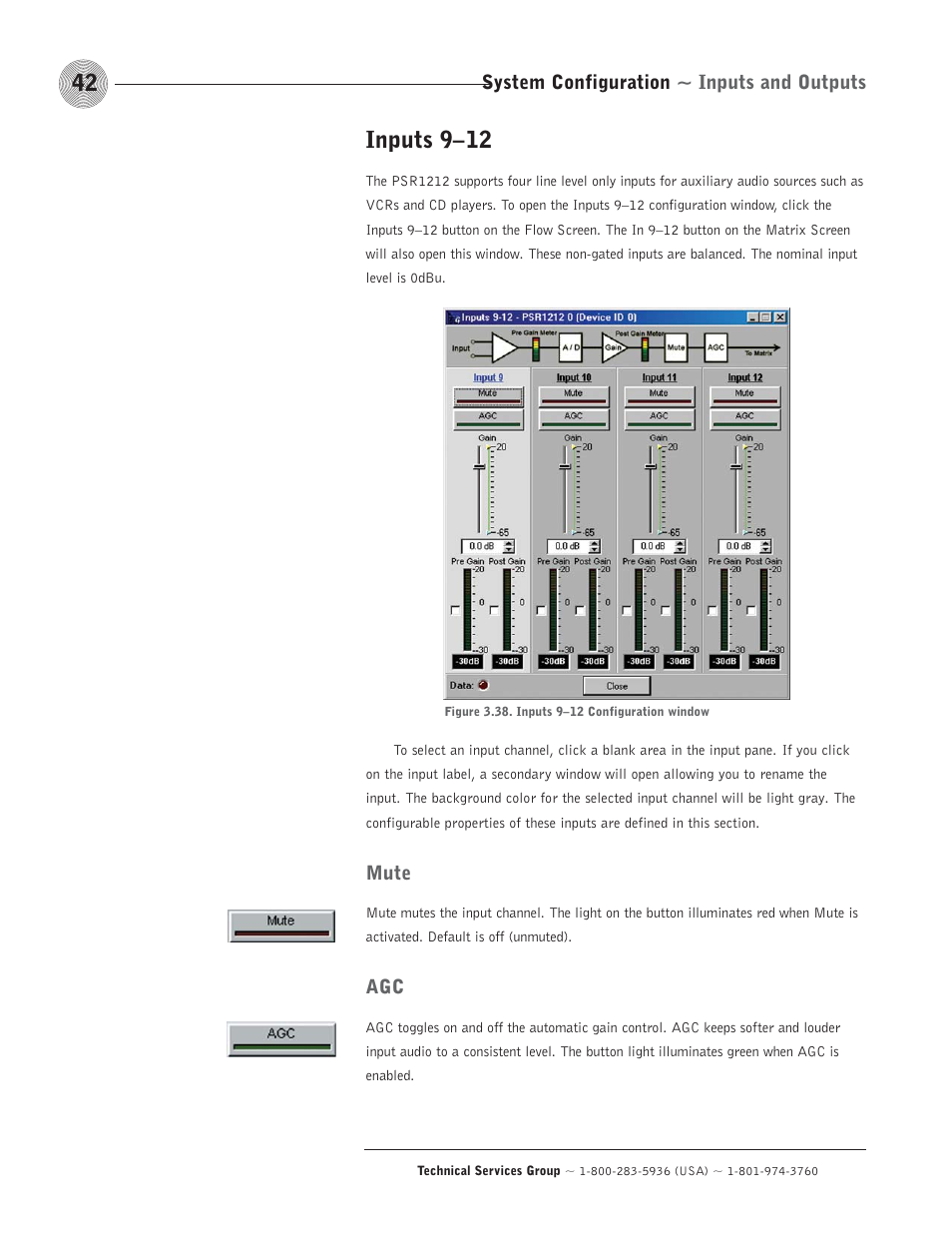 Inputs 9–12, System configuration ~ inputs and outputs, Mute | ClearOne comm PSR1212 User Manual | Page 48 / 145