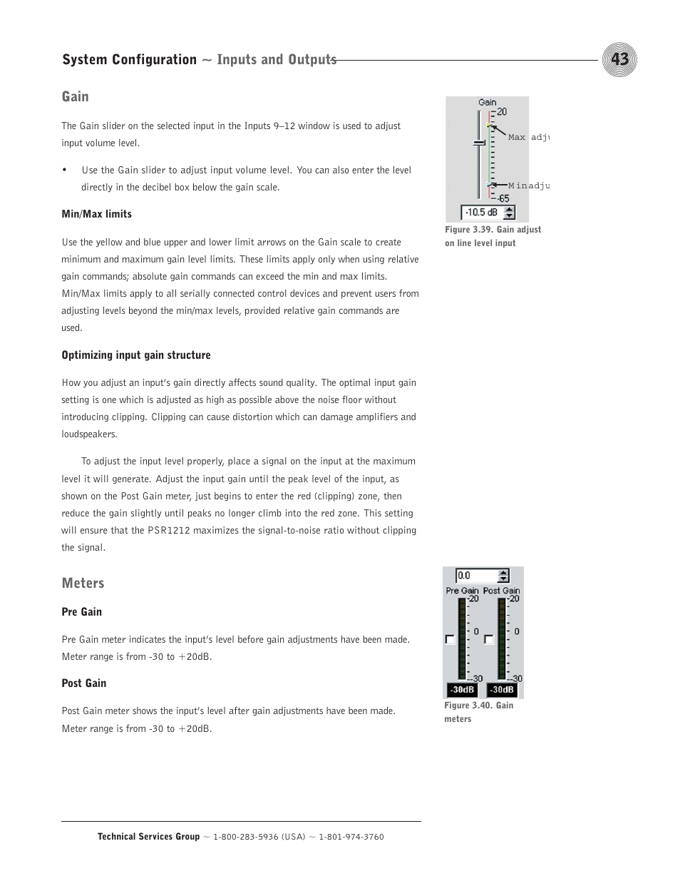 System configuration ~ inputs and outputs, Gain, Meters | ClearOne comm PSR1212 User Manual | Page 49 / 145