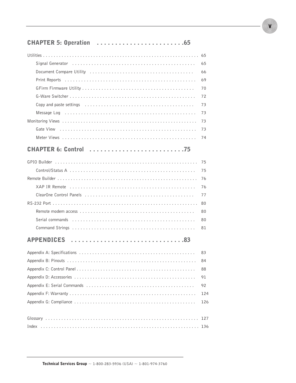Chapter 5: operation, Chapter 6: control, Appendices | ClearOne comm PSR1212 User Manual | Page 5 / 145