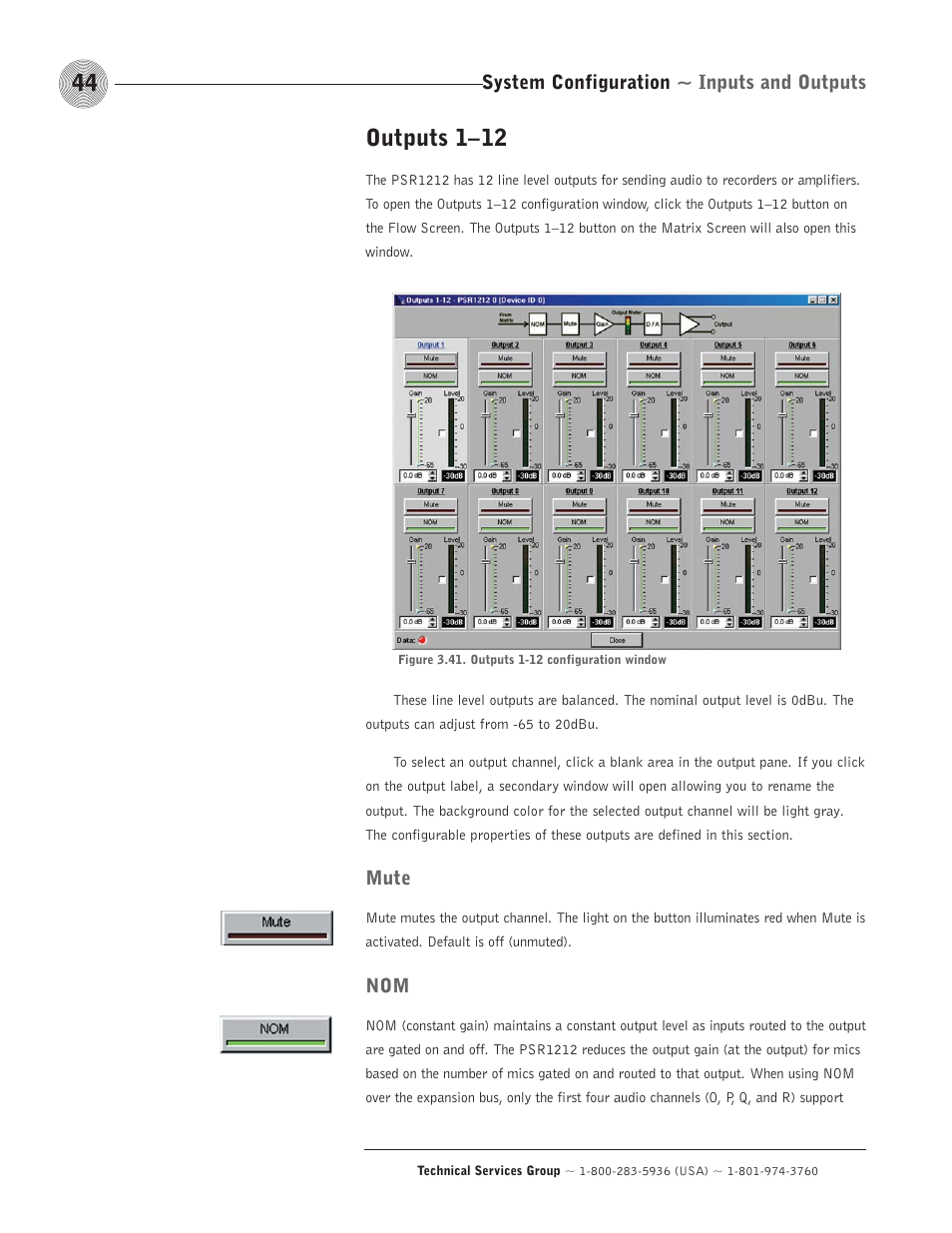 Outputs 1–12, System configuration ~ inputs and outputs, Mute | ClearOne comm PSR1212 User Manual | Page 50 / 145