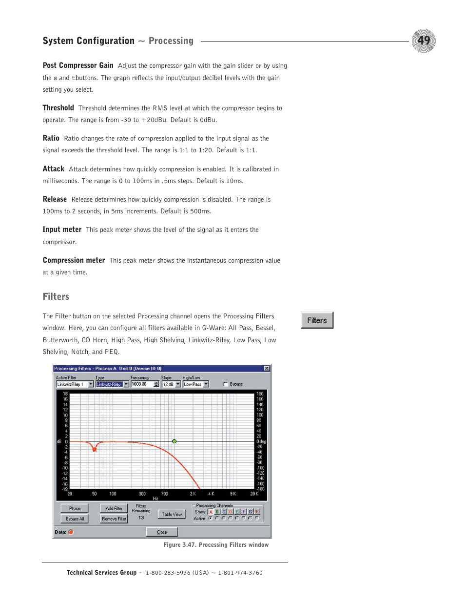 System configuration ~ processing, Filters | ClearOne comm PSR1212 User Manual | Page 55 / 145