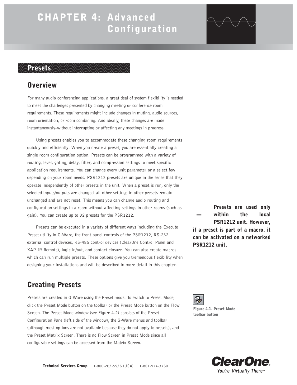 Chapter 4: advanced configuration, Presets overview, Creating presets | ClearOne comm PSR1212 User Manual | Page 59 / 145