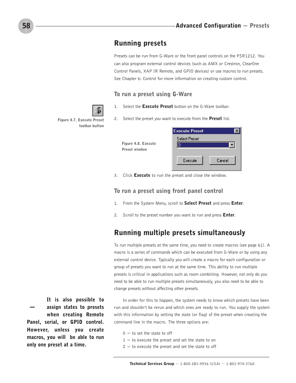 Running presets, Running multiple presets simultaneously | ClearOne comm PSR1212 User Manual | Page 64 / 145
