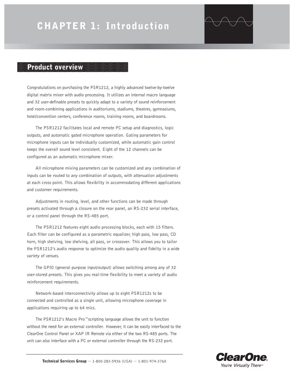 Chapter 1: introduction, Product overview | ClearOne comm PSR1212 User Manual | Page 7 / 145