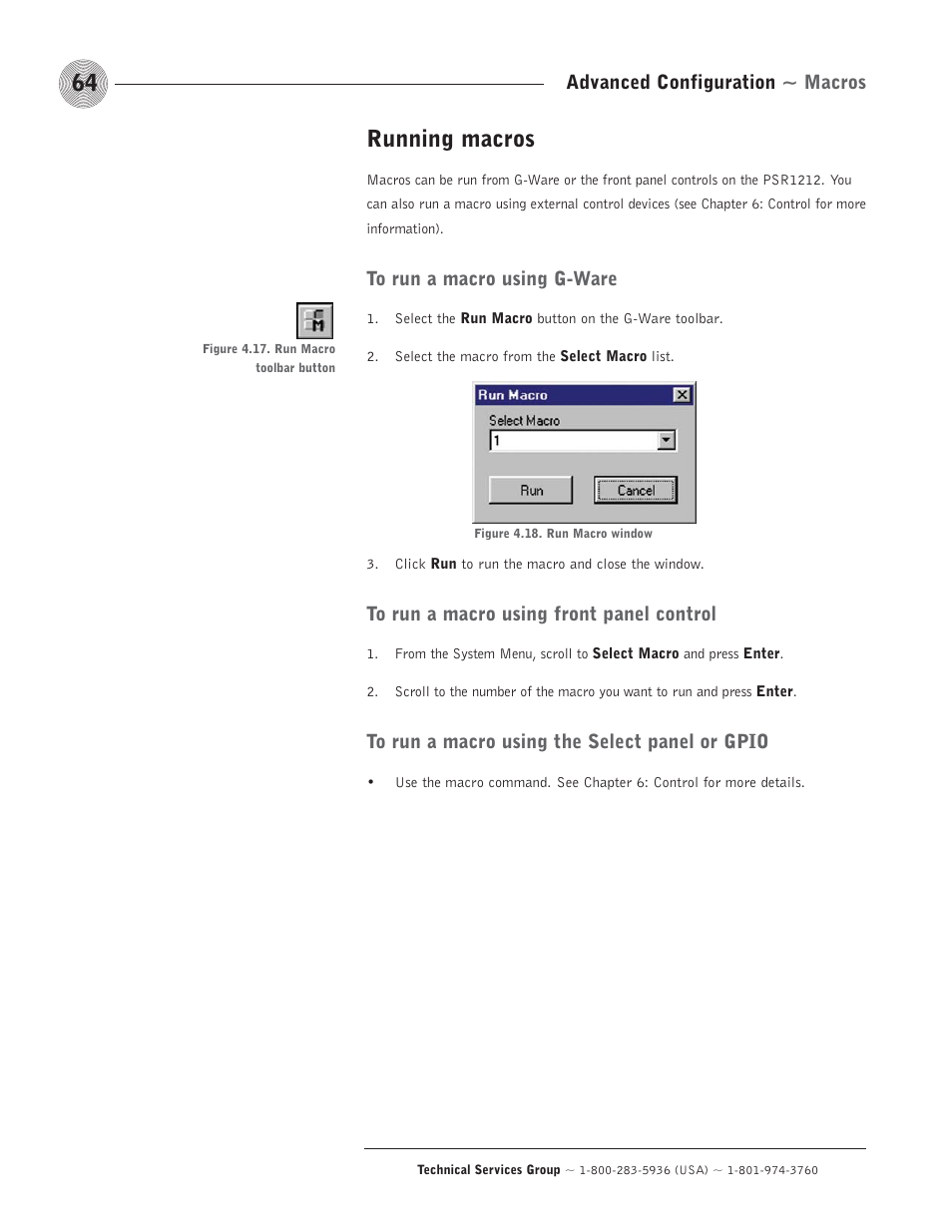 Running macros, Advanced configuration ~ macros | ClearOne comm PSR1212 User Manual | Page 70 / 145