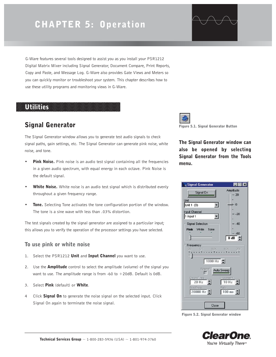 Chapter 5: operation, Utilities, Signal generator | ClearOne comm PSR1212 User Manual | Page 71 / 145