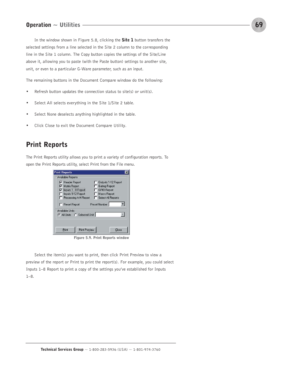 Print reports, Operation ~ utilities | ClearOne comm PSR1212 User Manual | Page 75 / 145