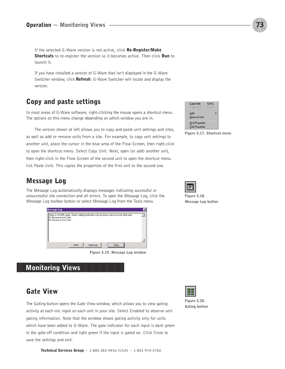 Copy and paste settings, Message log, Gate view | Monitoring views, Operation ~ monitoring views | ClearOne comm PSR1212 User Manual | Page 79 / 145