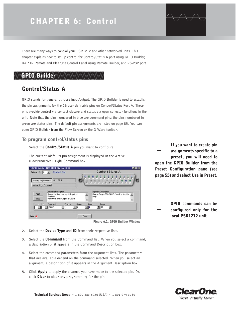 Chapter 6: control, Control/status a, Gpio builder | ClearOne comm PSR1212 User Manual | Page 81 / 145