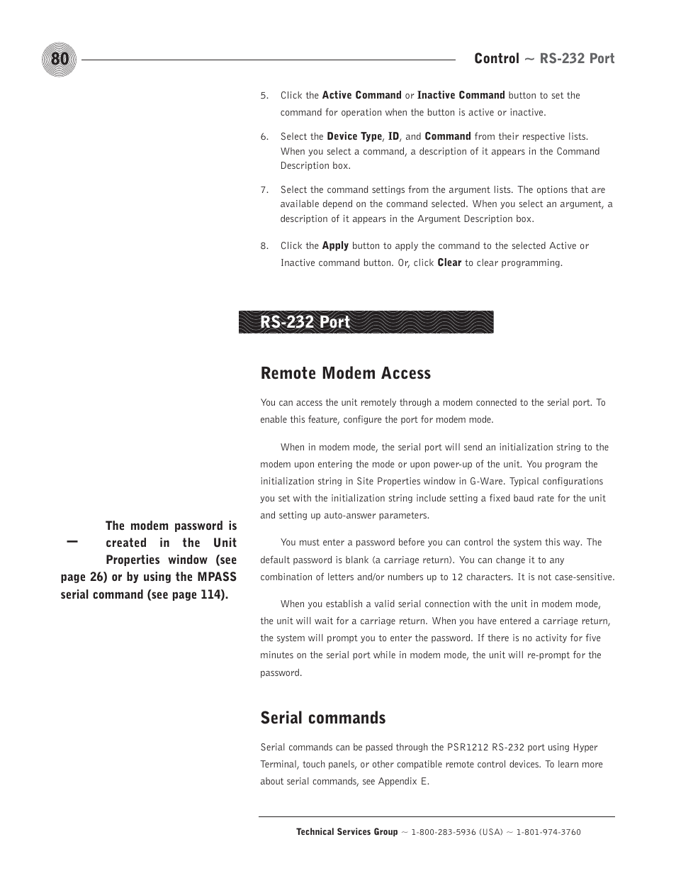 Remote modem access, Serial commands, Rs-232 port | ClearOne comm PSR1212 User Manual | Page 86 / 145